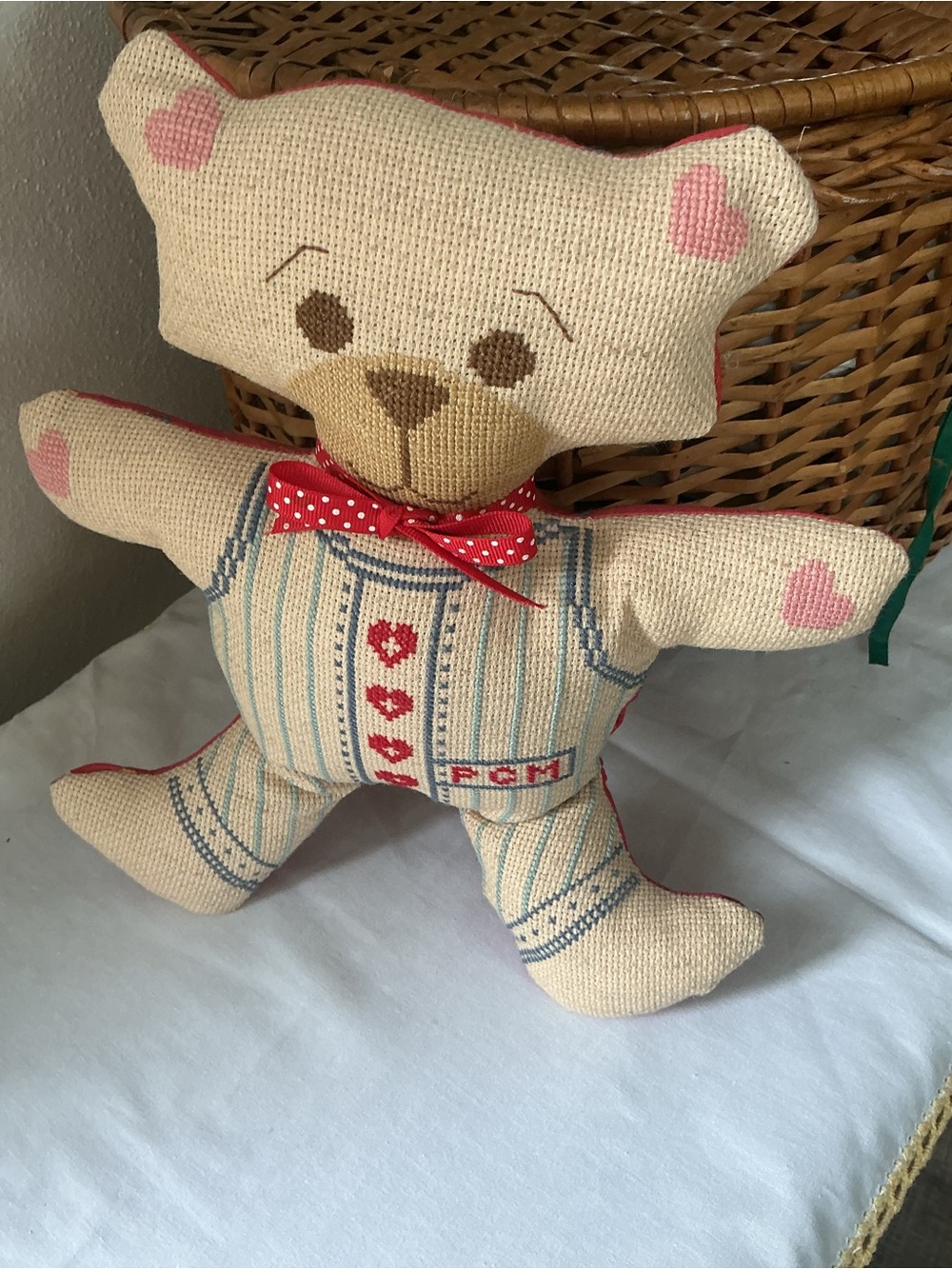 Handmade cross stitch Beige & Pink Teddy Bear Plush pillow cottage core